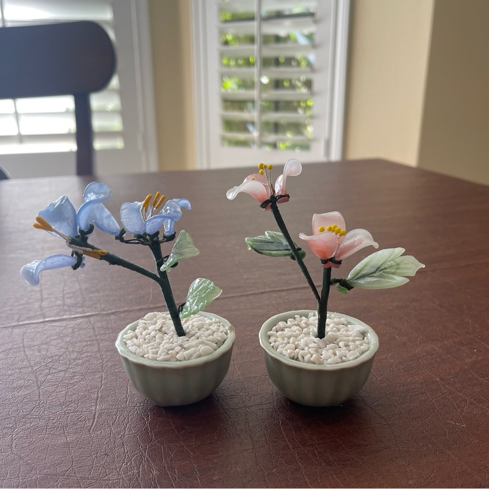COPY - VTG Set Of 2 Chinese Glass Bonsai Trees; (Blue & Dark Pink Flowers); Min…